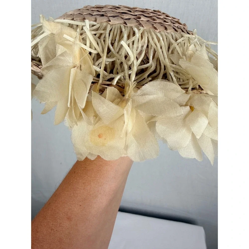 Jo Bailey Vintage Straw Pillbox Hat Velvet Bow Floral Tassels Tan Women